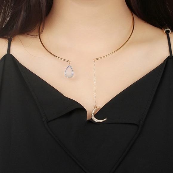 Rhinestone Moon Waterdrop Cuff Necklace Gold Open Choker - Picture 5 of 7